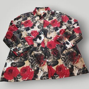 Kim Rogers Petite Women's 10P Red Black Beige Floral Print Long Sleeve Button Up